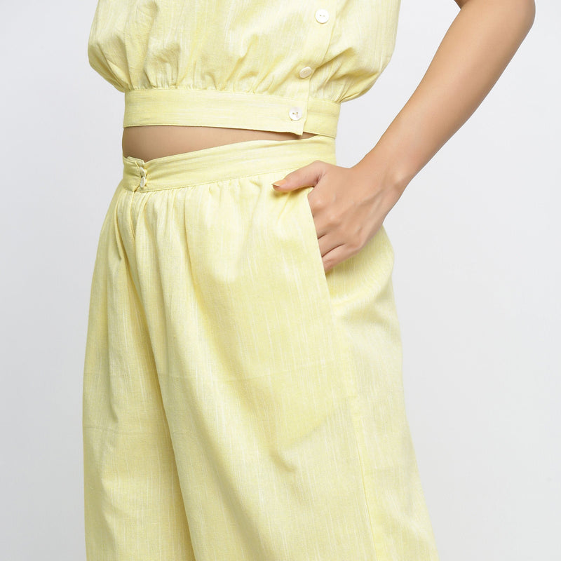 Front Detail of a Model wearing Sunny Yellow Crop Top and Culottes Set