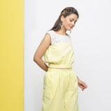 Right View of a Model wearing Sunny Yellow Crop Top and Culottes Set