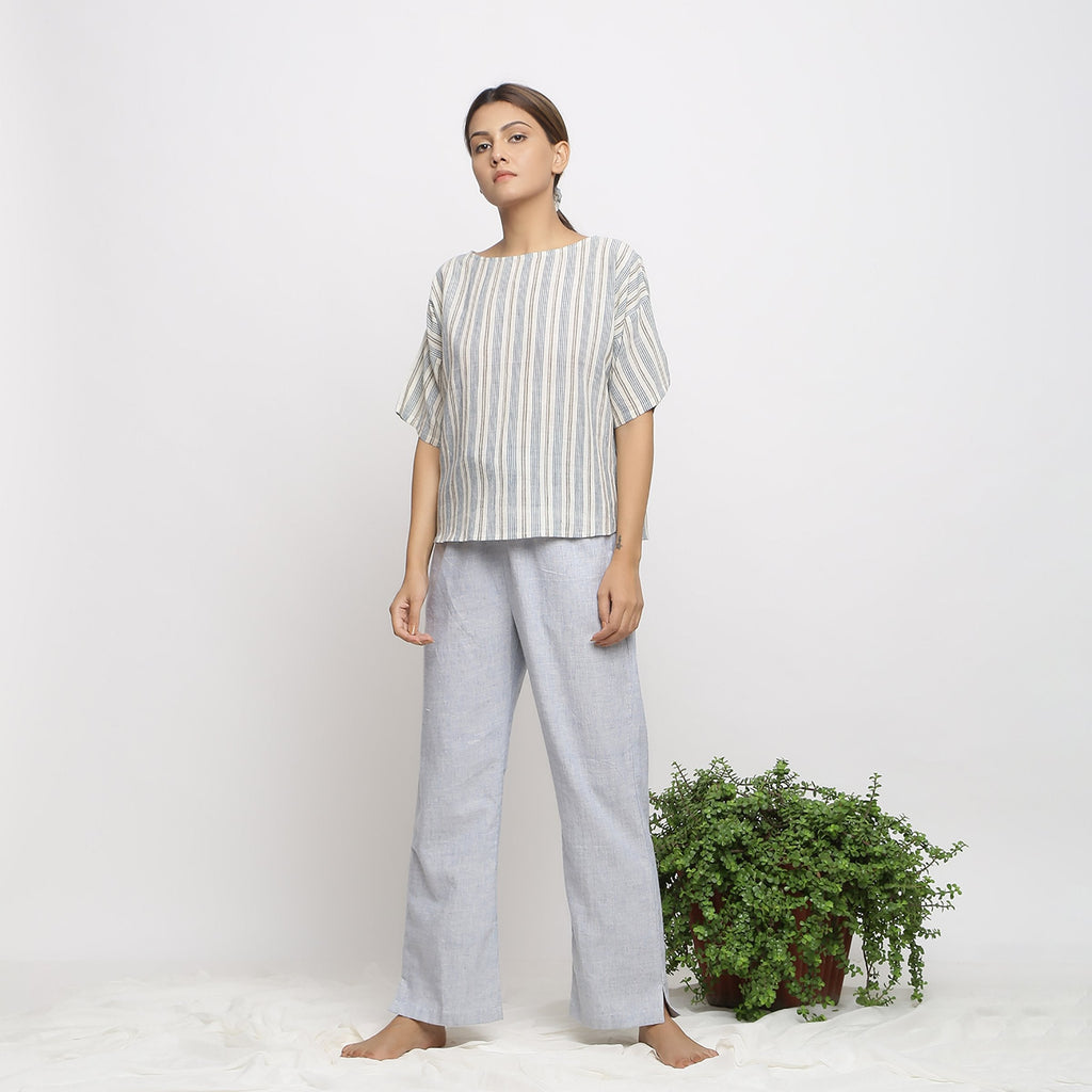 Front View of a Model wearing Anti-Fit Handspun Boat Neck Straight Top