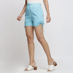 Left View of a Model wearing Aqua Blue Hand Tie Dyed Short Shorts