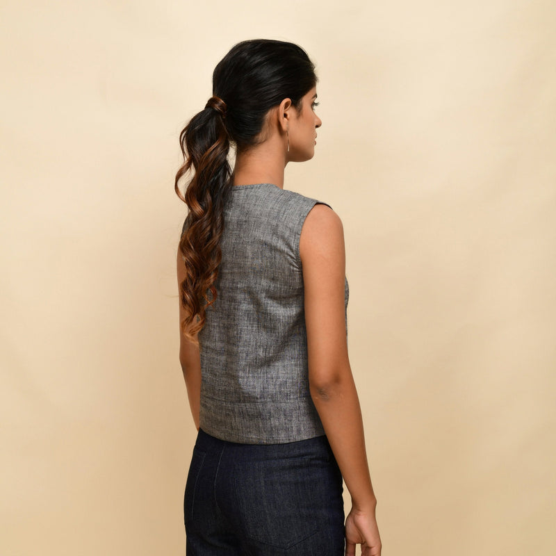 Back View of a Model wearing Ash Grey 100% Cotton Khadi Crop Shirt