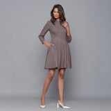 Front View of a Model wearing Ash Grey Button-Down Flannel Dress