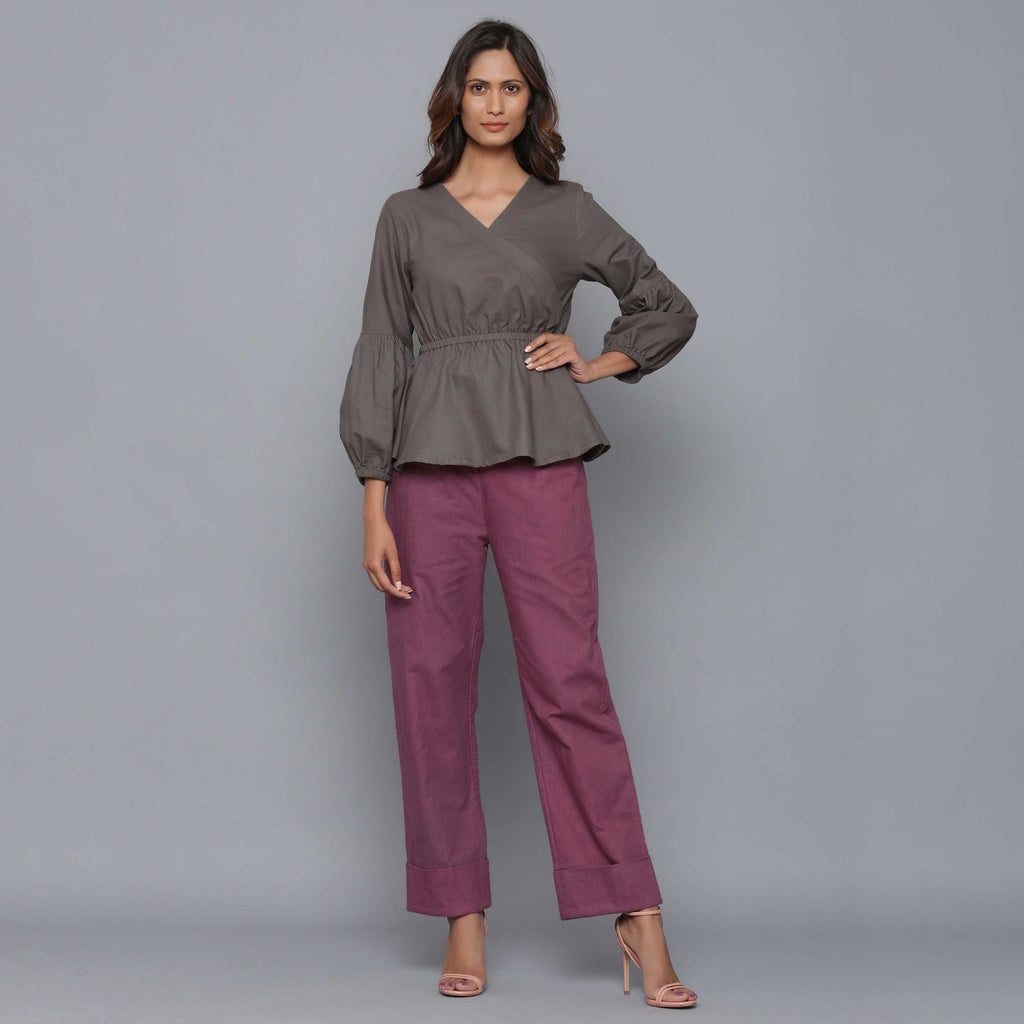 Front View of a Model wearing Ash Grey V-Neck Flannel Peplum Top