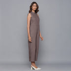 Right View of a Model wearing Ash Grey Flannel Sleeveless Jumpsuit