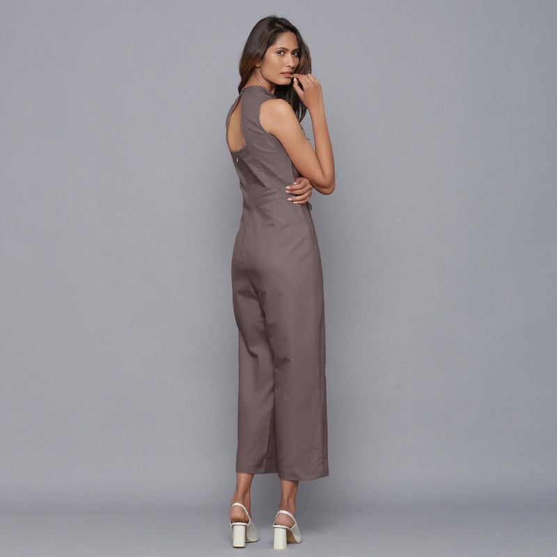 Back View of a Model wearing Ash Grey Flannel Sleeveless Jumpsuit