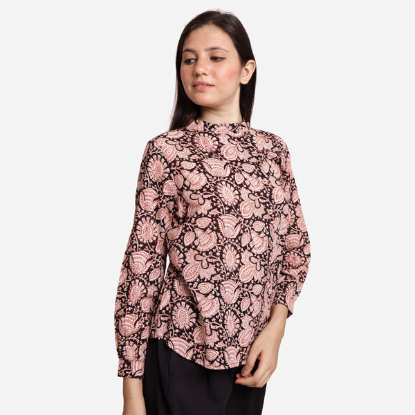 Front View of a Model wearing Asymmetric Block Printed Floral Shirt