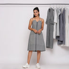 Black and White Checks Handspun Cotton Knee Length Backless Dress