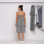 Black and White Checks Handspun Cotton Knee Length Backless Dress