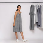 Black and White Checks Handspun Cotton Knee Length Backless Dress