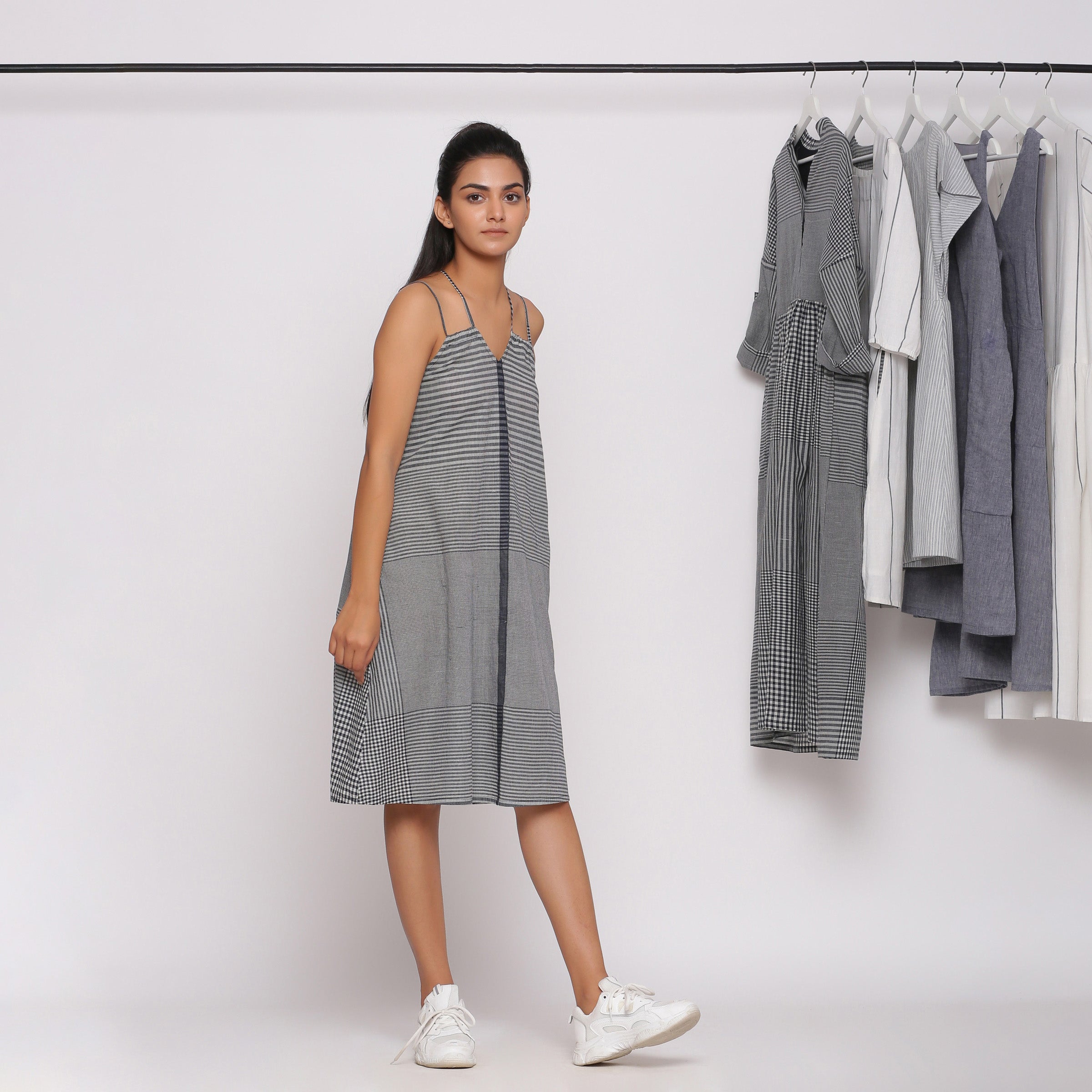 Black and White Checks Handspun Cotton Knee Length Backless Dress