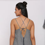 Black and White Checks Handspun Cotton Knee Length Backless Dress