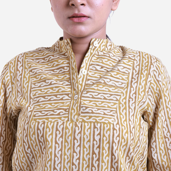 Front Detail of a Model wearing Bagru Block Print Mandarin Collar Top