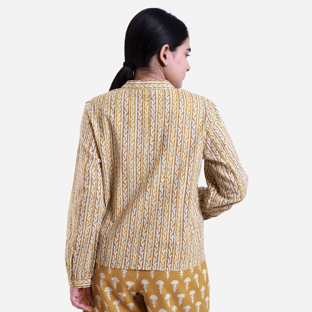 Back View of a Model wearing Bagru Block Print Mandarin Collar Top