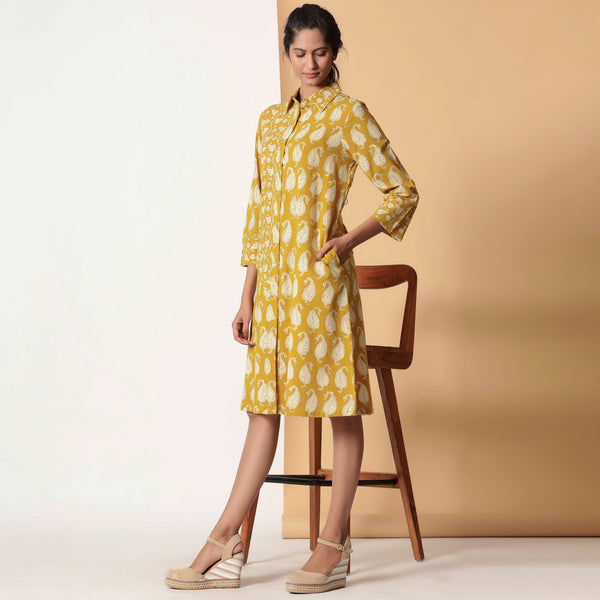 Mustard Bagru Block Print Cotton Knee Length Shirt Dress