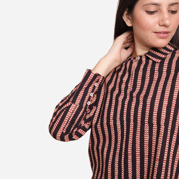 Front Detail of a Model wearing Bagru Block Print Striped Cotton Shirt