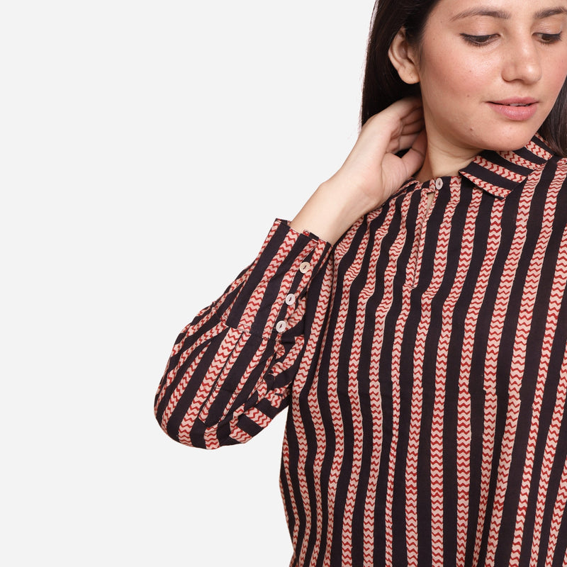 Front Detail of a Model wearing Bagru Block Print Striped Cotton Shirt