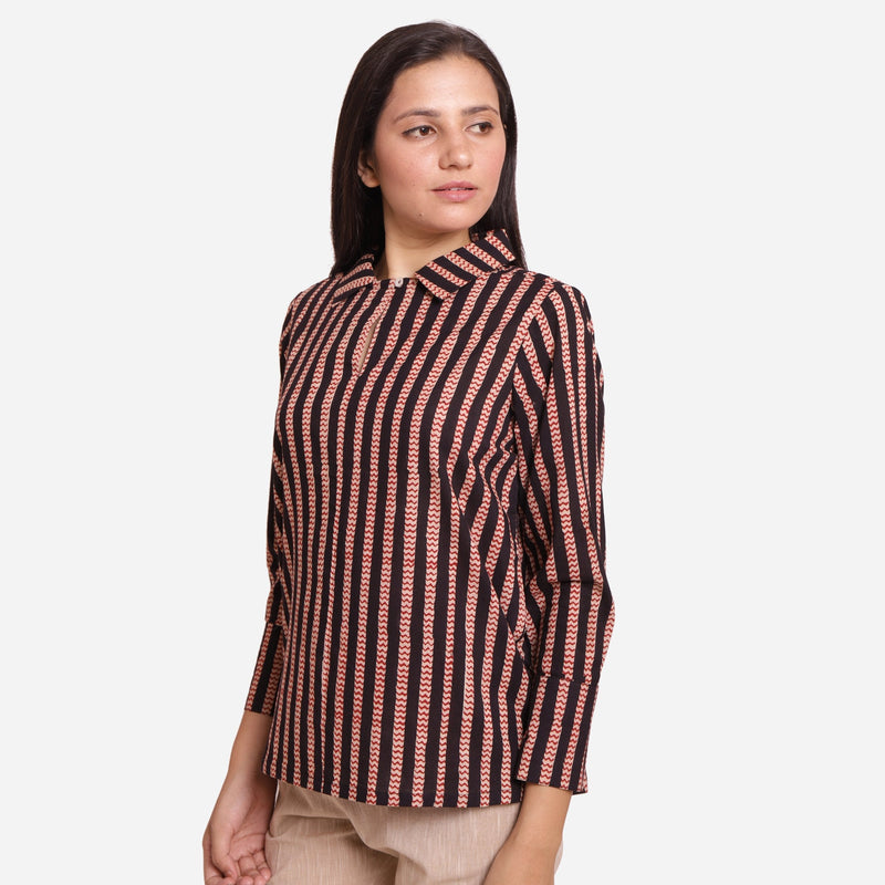 Front View of a Model wearing Bagru Block Print Striped Cotton Shirt