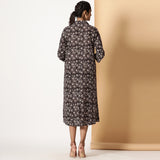 Black Floral Block Printed Cotton Button-Down Maxi Dress