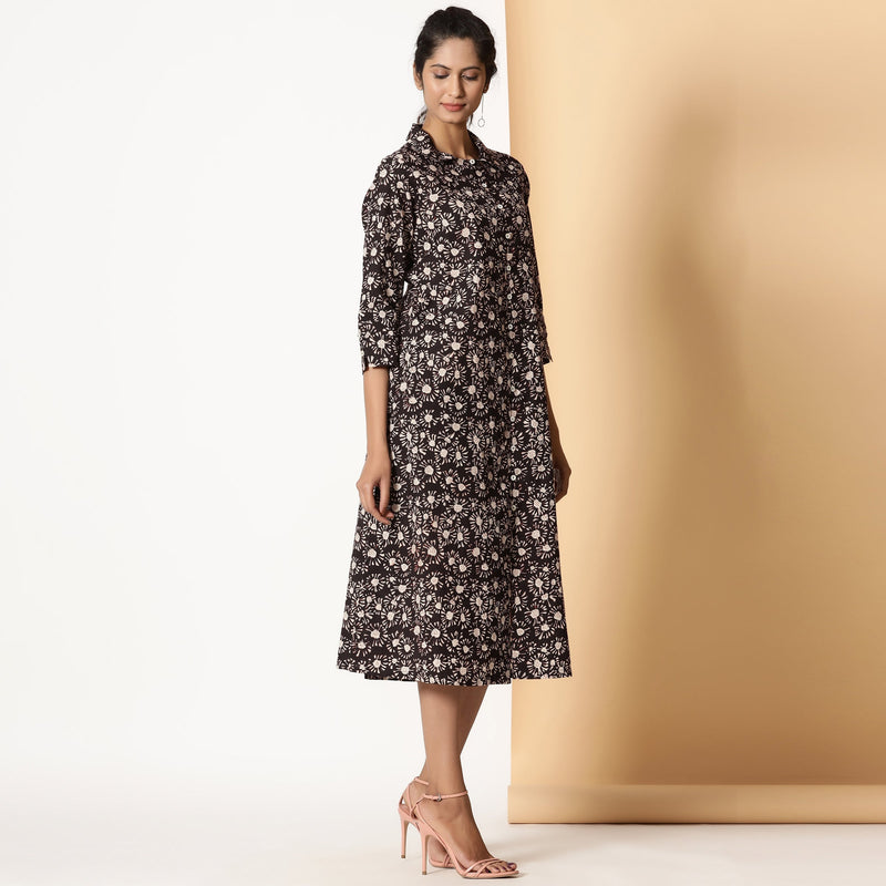 Black Floral Block Printed Cotton Button-Down Maxi Dress