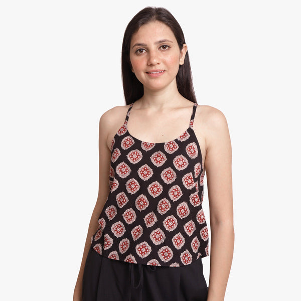 Front View of a Model wearing Bagru Block Printed Cotton A-Line Top