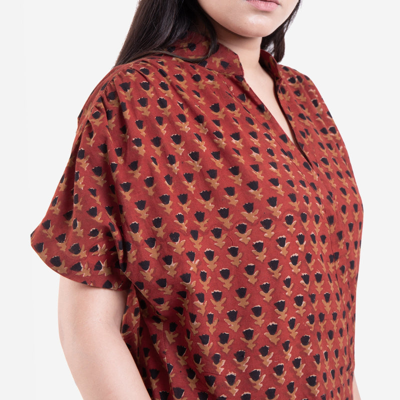 Right Detail of a Model wearing Bagru Floral Block Printed Cotton Dress