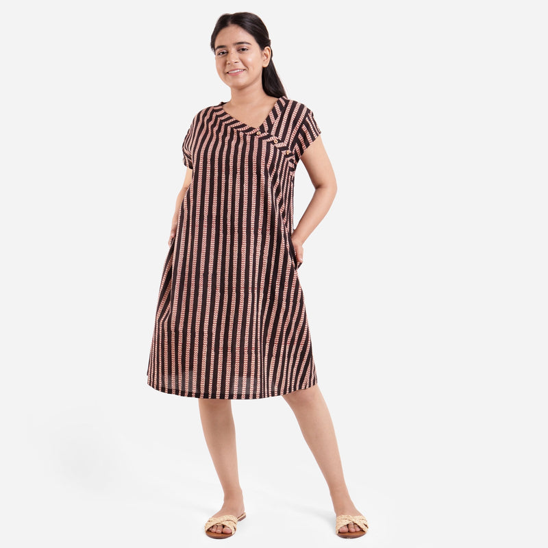 Front View of a Model wearing Bagru Striped Chevron A-Line Asymmetric Dress