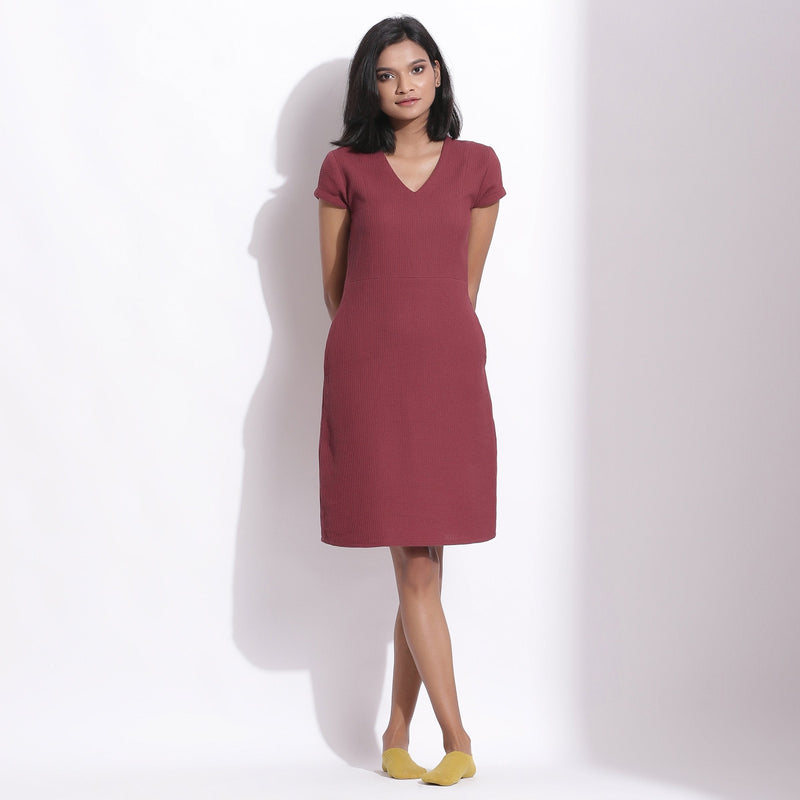Front View of a Model wearing Barn Red Cotton Waffle V-Neck Dress