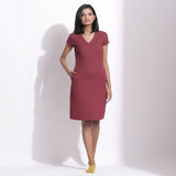 Front View of a Model wearing Barn Red Cotton Waffle V-Neck Dress