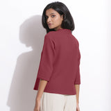 Back View of a Model wearing Barn Red Cotton Waffle Button-Down Top