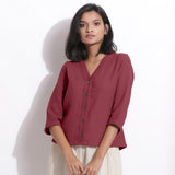 Front View of a Model wearing Barn Red Cotton Waffle Button-Down Top