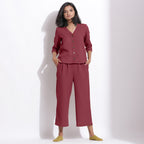 Front View of a Model wearing Barn Red Top and Relaxed Culottes Set