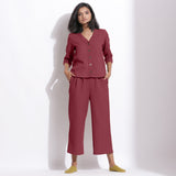 Front View of a Model wearing Barn Red Top and Relaxed Culottes Set