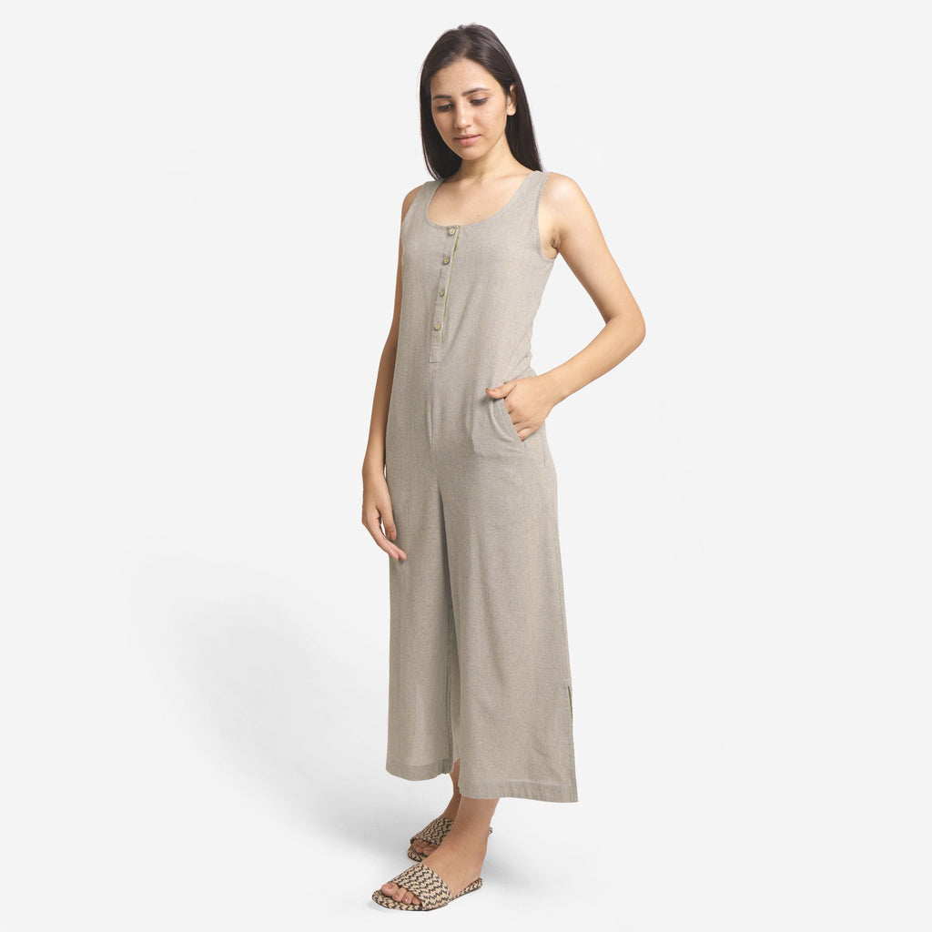 Left View of a Model wearing Basic Beige Wide-Legged Jumpsuit