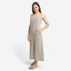 Left View of a Model wearing Basic Beige Wide-Legged Jumpsuit