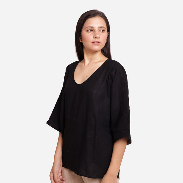 Left View of a Model wearing Black Loose Fit Drop Shoulder Top