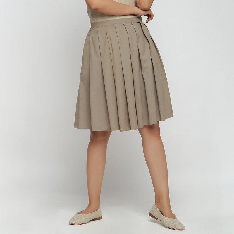 Front View of a Model wearing Basic Brown Cotton Flax Pleated Skirt