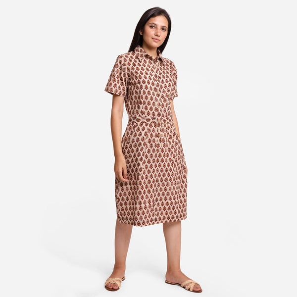 Right View of a Model wearing Beige Block Printed Cotton Shirt Dress