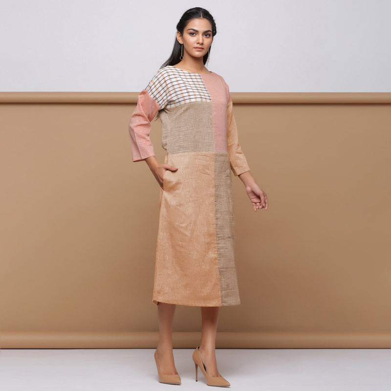 Beige and Brown Checks 100% Cotton Boat Neck Midi Dress