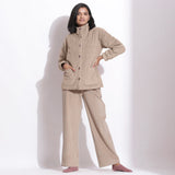 Front View of a Model wearing Beige Cotton Corduroy 3-Piece Set