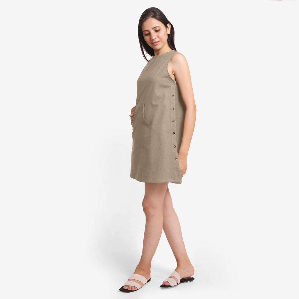 Left View of a Model wearing Beige Cotton Flax Kangaroo Pocket Dress
