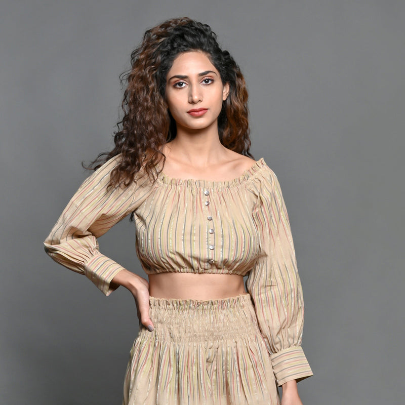 Front View of a Model wearing Beige Handwoven Cotton Frilled Crop Top