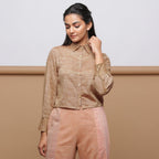 Front View of Model wearing Beige Handspun Button-Down Shirt
