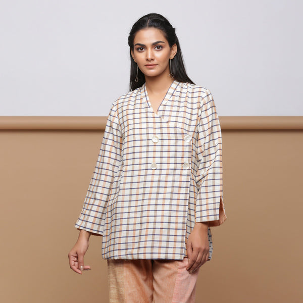 Beige Checkered Cotton Double-Breasted Short Outerwear