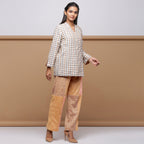Beige Checkered Cotton Double-Breasted Short Outerwear