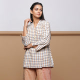 Beige Checkered Cotton Double-Breasted Short Outerwear