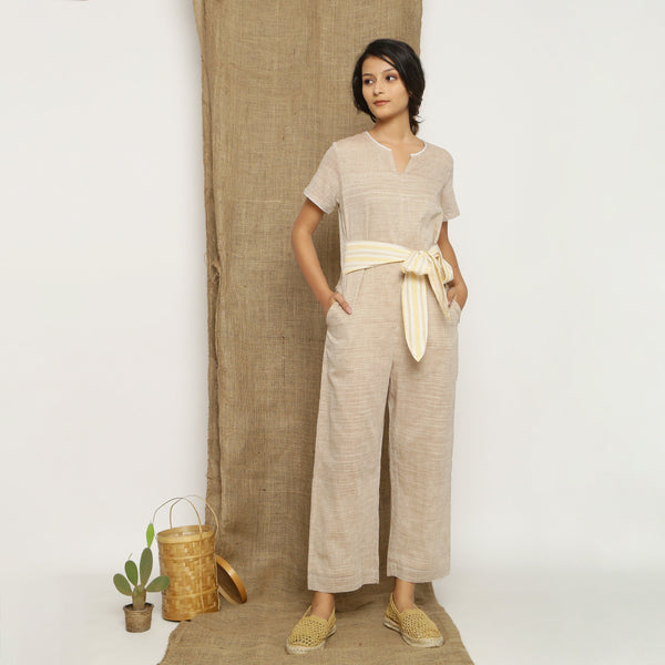 Beige Laced Cotton Muslin Split Neck Paneled Jumpsuit