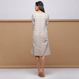 Beige Checks Yarn Dyed Cotton V-Neck Knee Length Dress