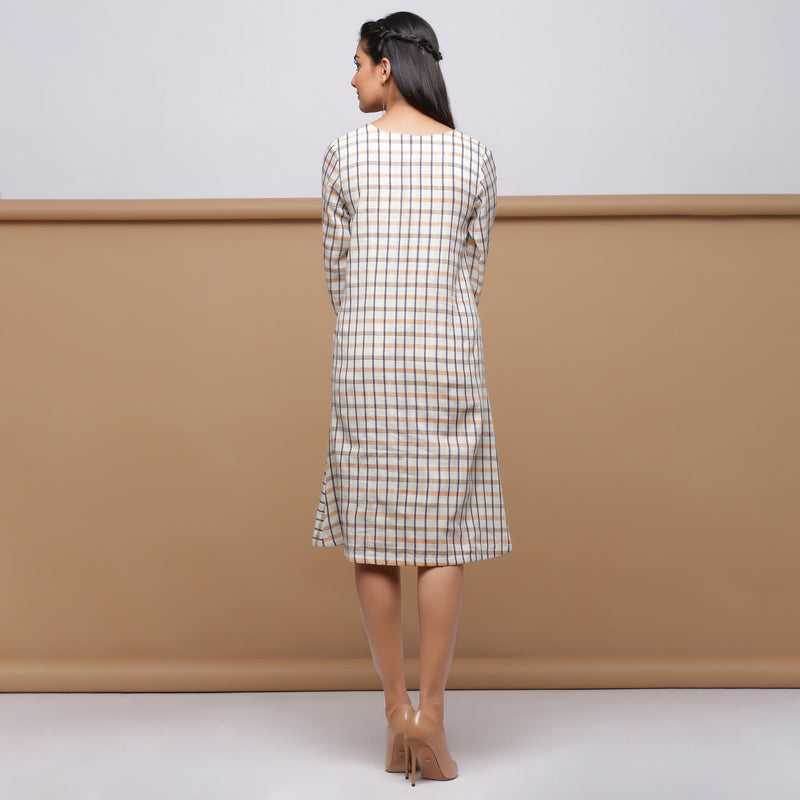 Beige Checks Yarn Dyed Cotton V-Neck Knee Length Dress