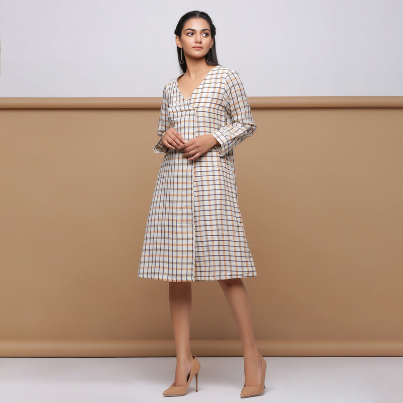 Beige Checks Yarn Dyed Cotton V-Neck Knee Length Dress