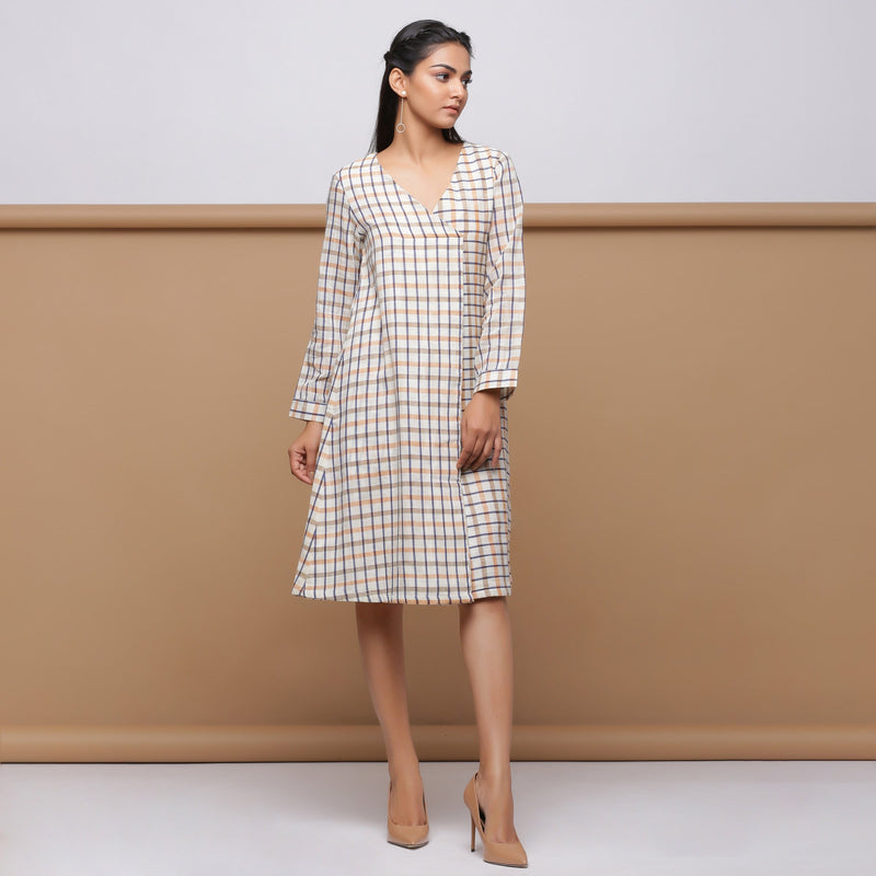 Beige Checks Yarn Dyed Cotton V-Neck Knee Length Dress